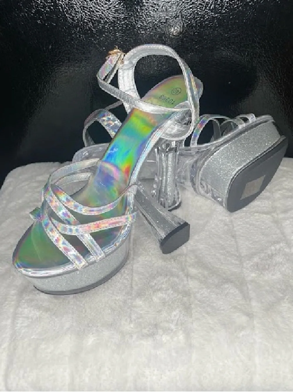 Holographic Silver Platform Strappy Heels - Women's